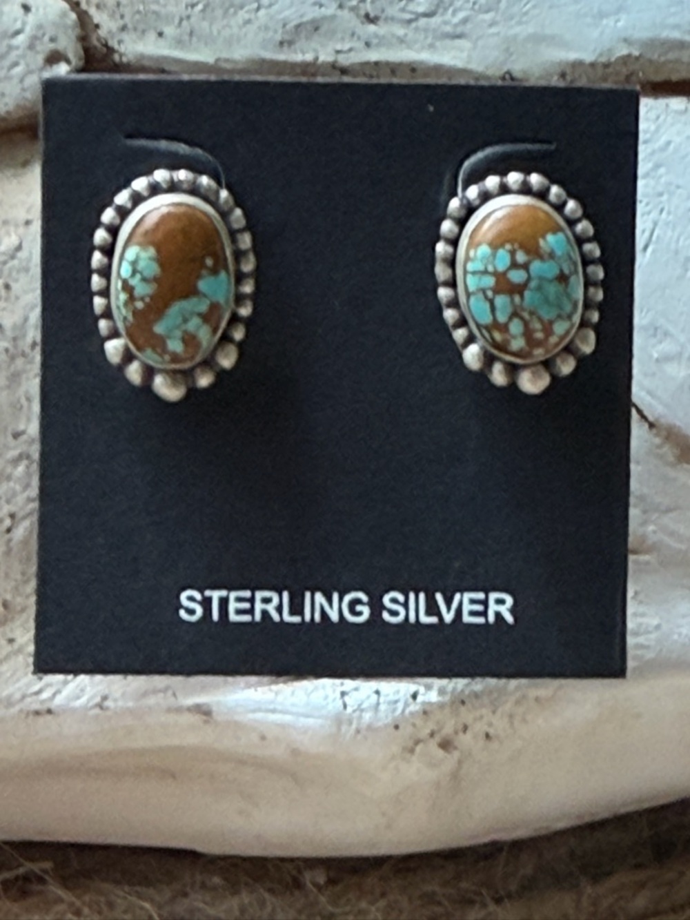 Sterling Silver Turquoise and Number eight Brown Oval Stud Earrings - Picture 2 of 4